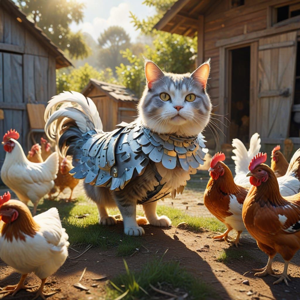 Cat in Chicken Costume Among Flock in Gouache Style