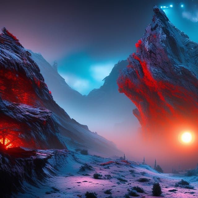 Alien world landscape, sci-fi horror in the style of splatter art,  by godmachine and H.R.
Giger, Sun Lx, grotesque and ...