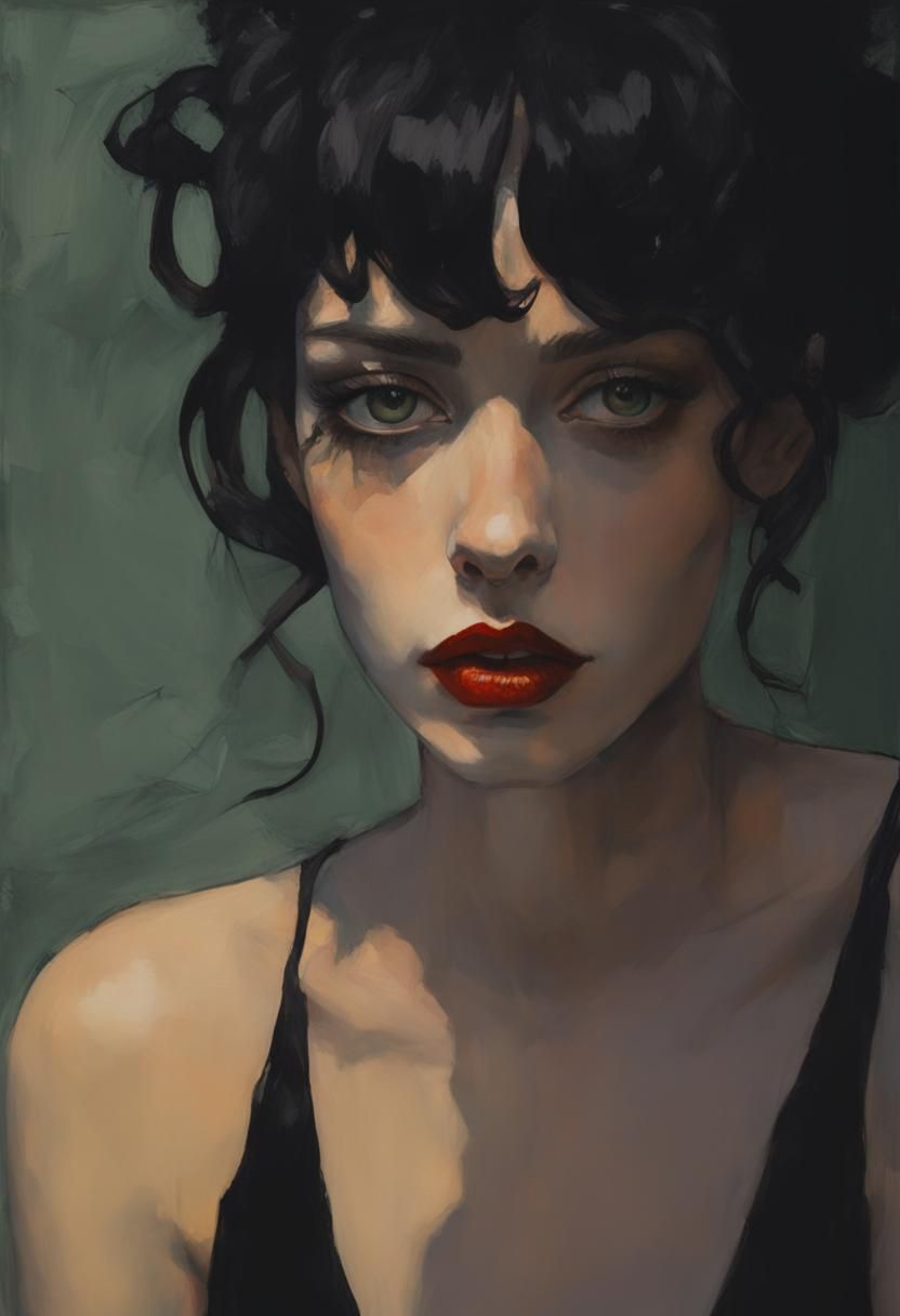 Elegant Goth Girl Portrait in Impasto Style