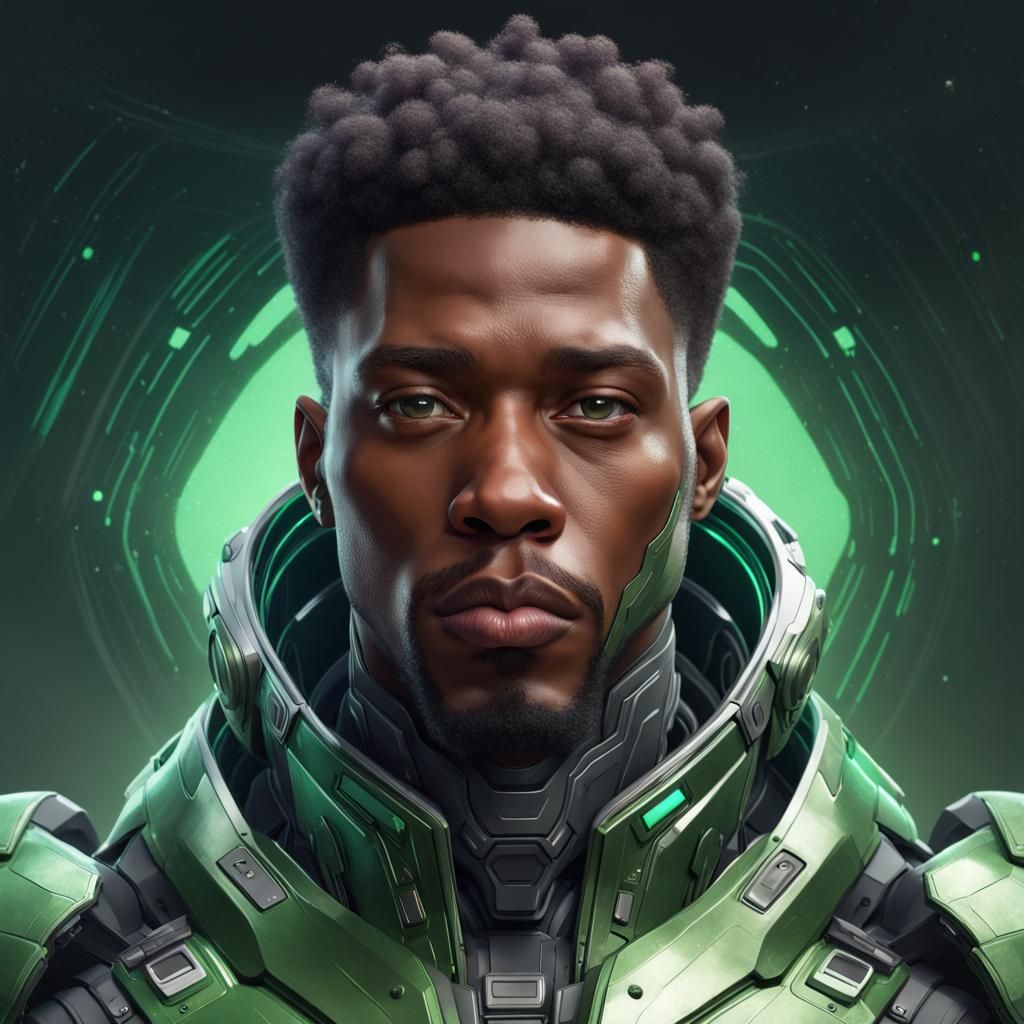 Man in Green Exo Suit: Digital Art Portrait