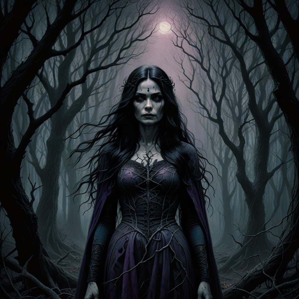 Gothic Woman in Dark Forest: Charcoal Drawing