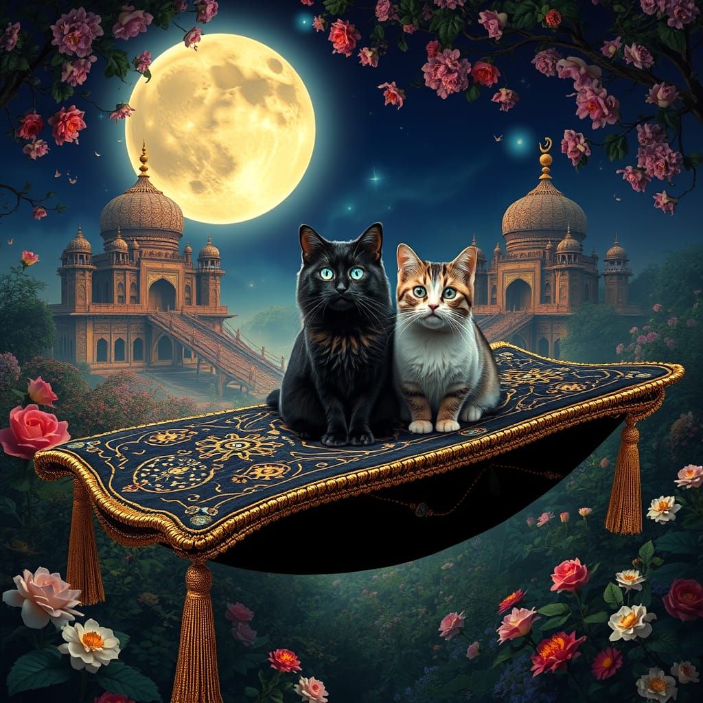 Background a 1001 Night scene, with a floating carpet with 2 oriental Cats