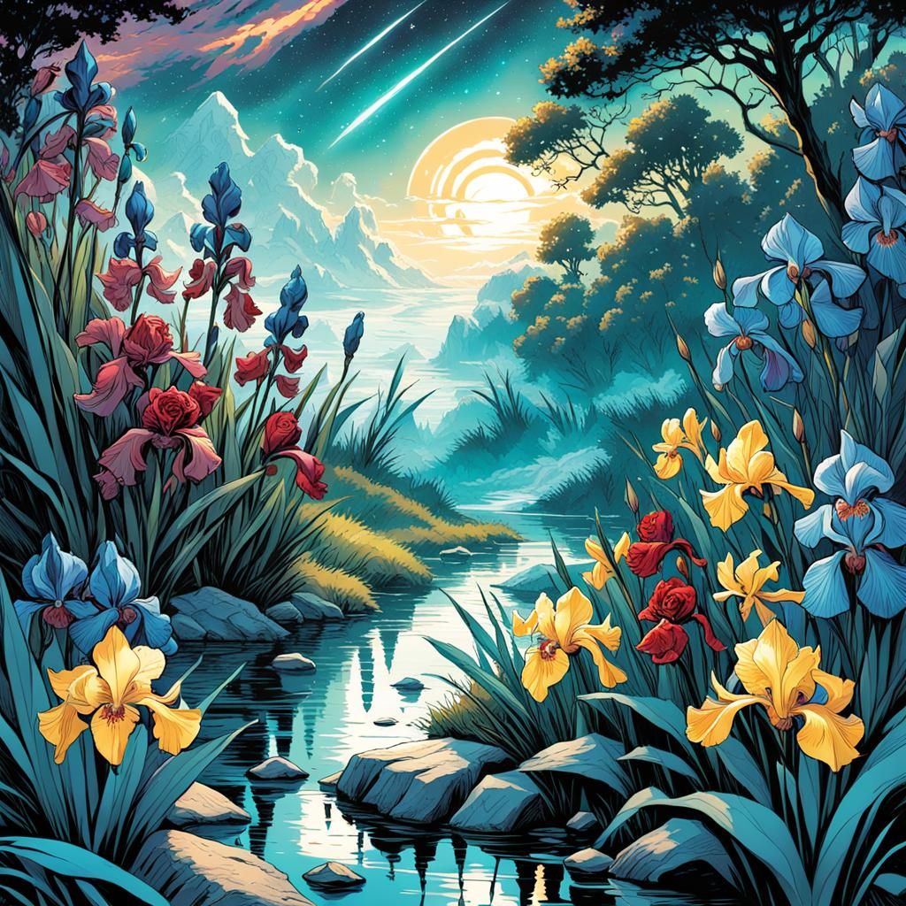 Enchanted Flower Meadow Under Starry Night