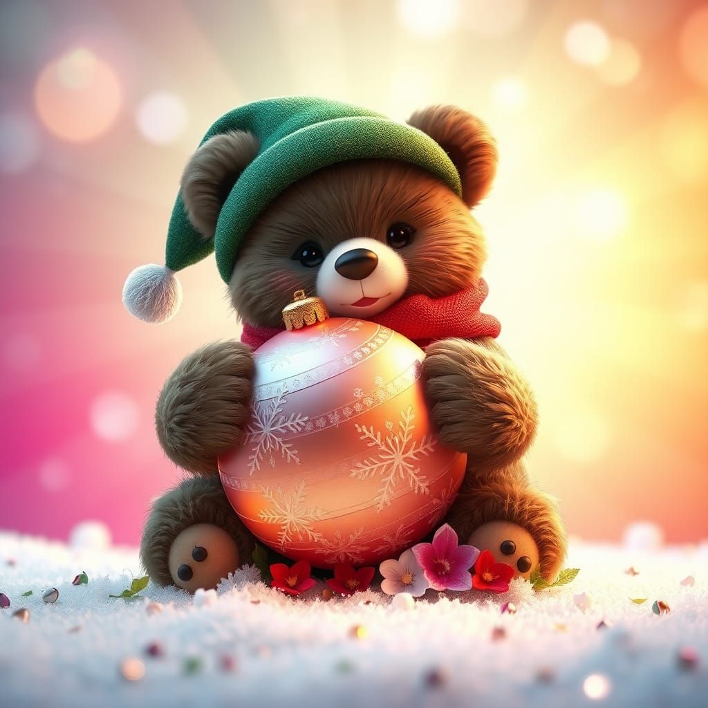Festive Bear with Christmas Ball in 3D Style