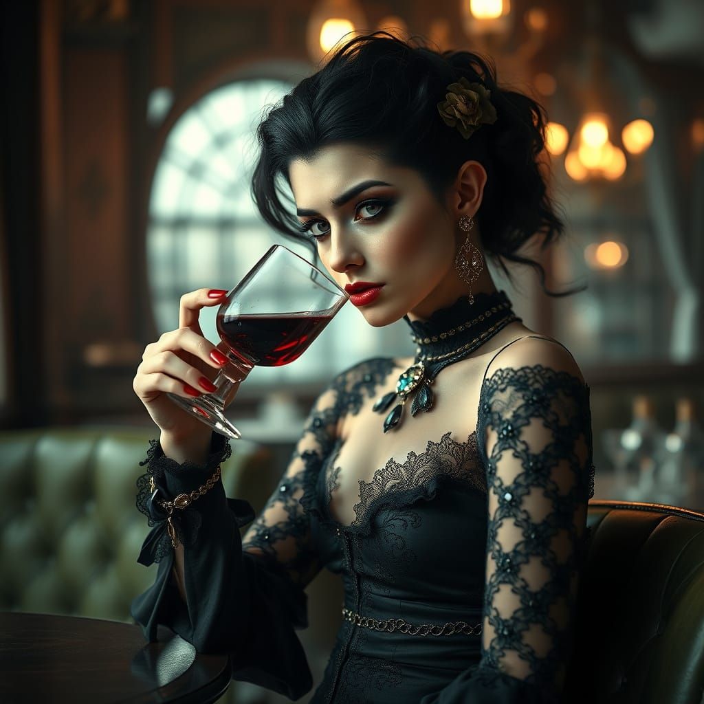 Stylish Vampire in Haute Couture Attire in a Trendy Café