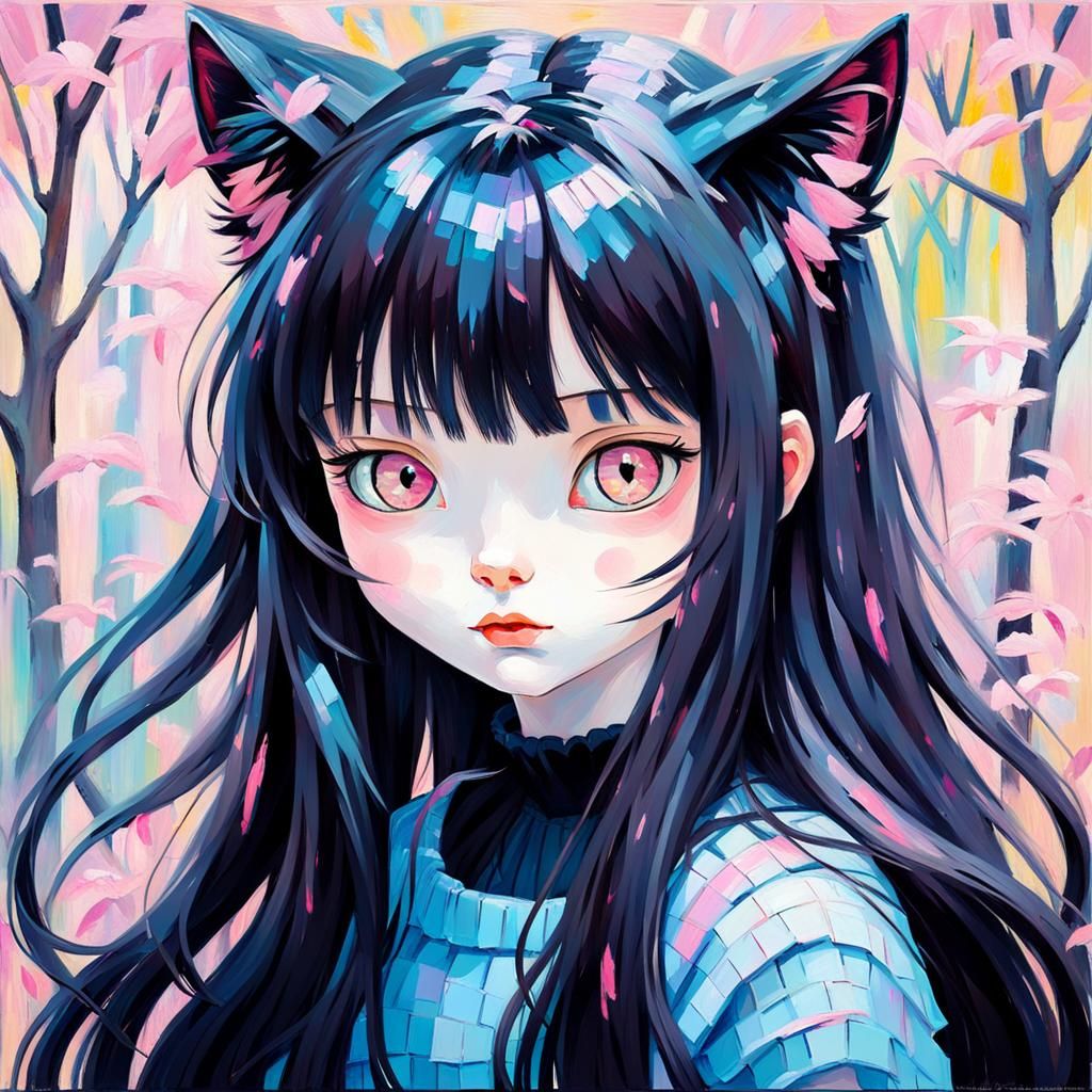 Cute Catgirl in Expressionist Impasto Oil Painting