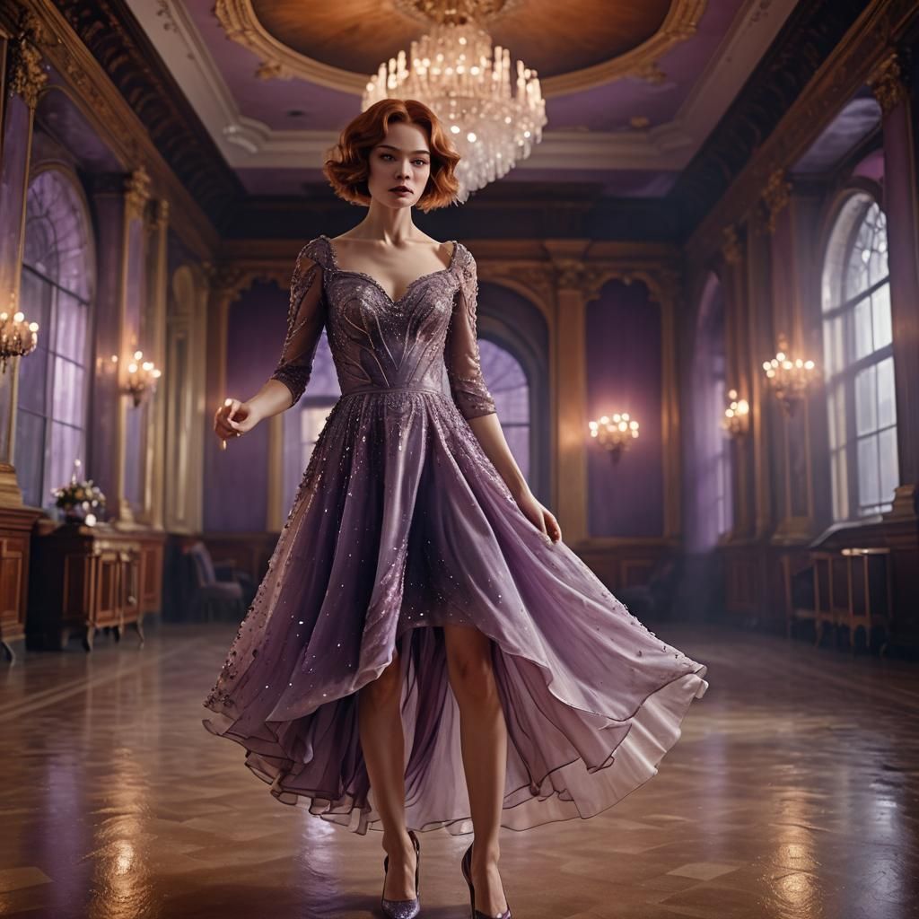 Woman in Crystal Dress in Grand Ballroom, Hyper-Realistic Ph...