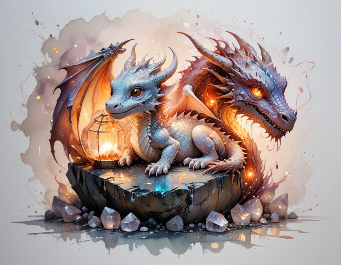 Chibi Dragon on Glowing Crystals in Cozy Cavern