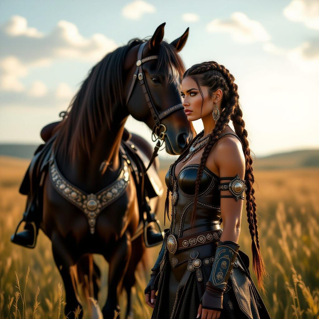 Warrior Woman and Horse in Sunlit Field, Hyperrealistic