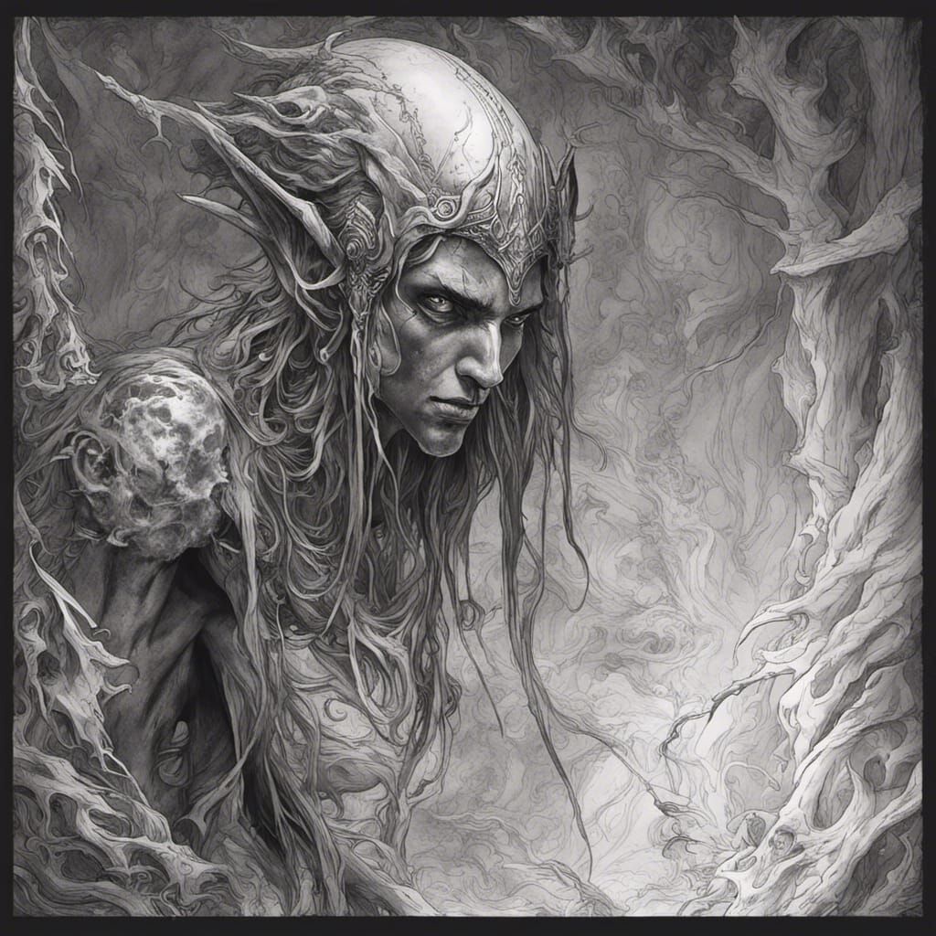 Eerie Shadow Elf Ink Drawing with Death Magic