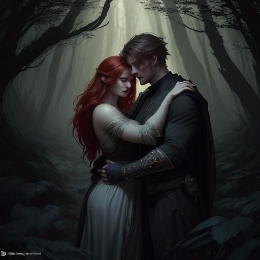 Enchanting Lovers Embrace in Dark Fantasy Forest