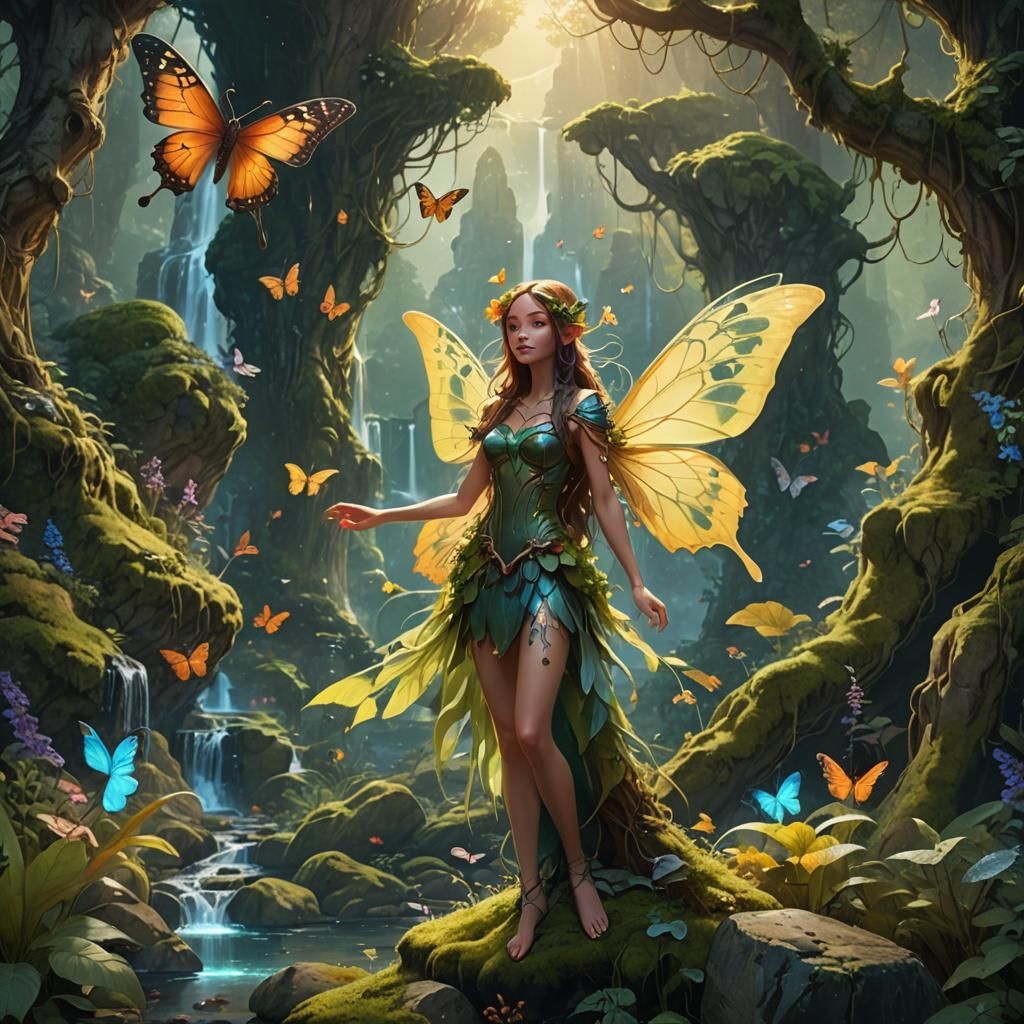 Fantasy Fairy with Butterfly and Stone Giant