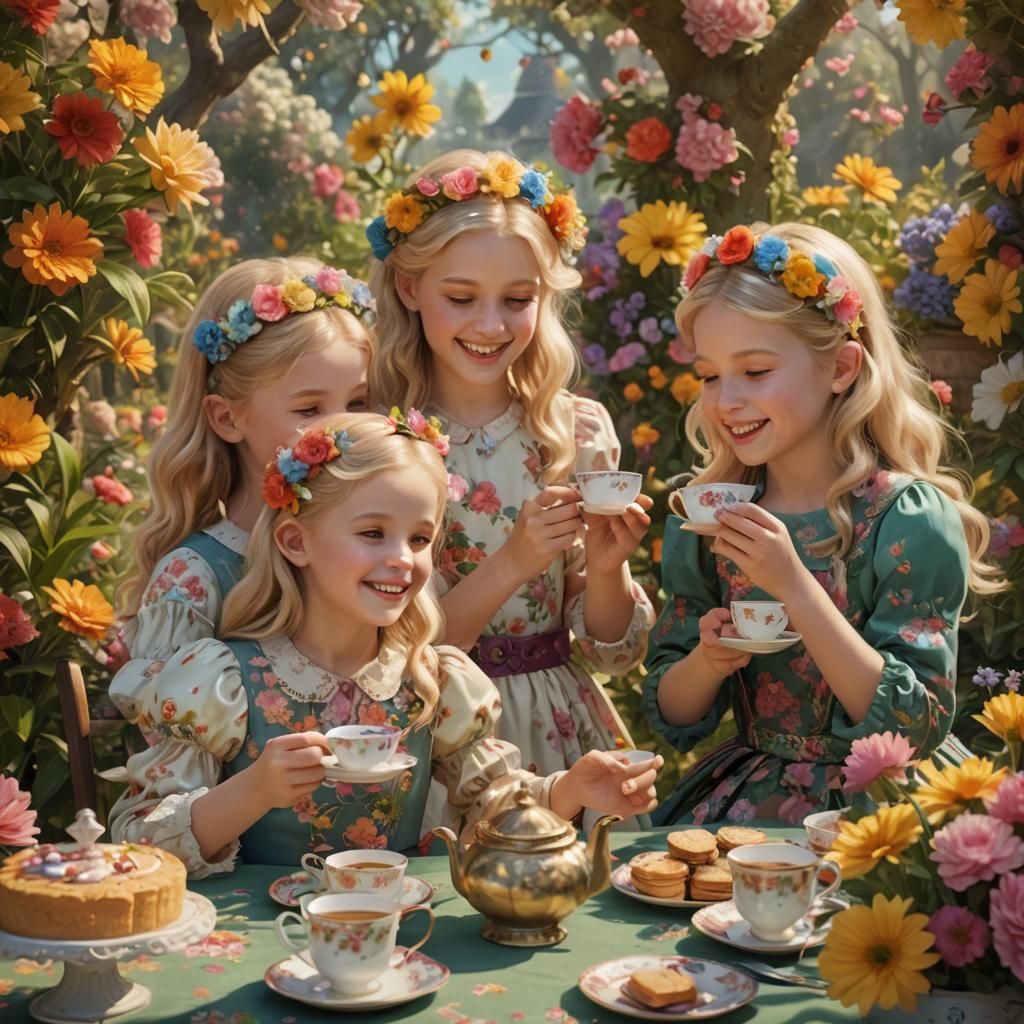 Girls' Tea Party in Folk Art Style