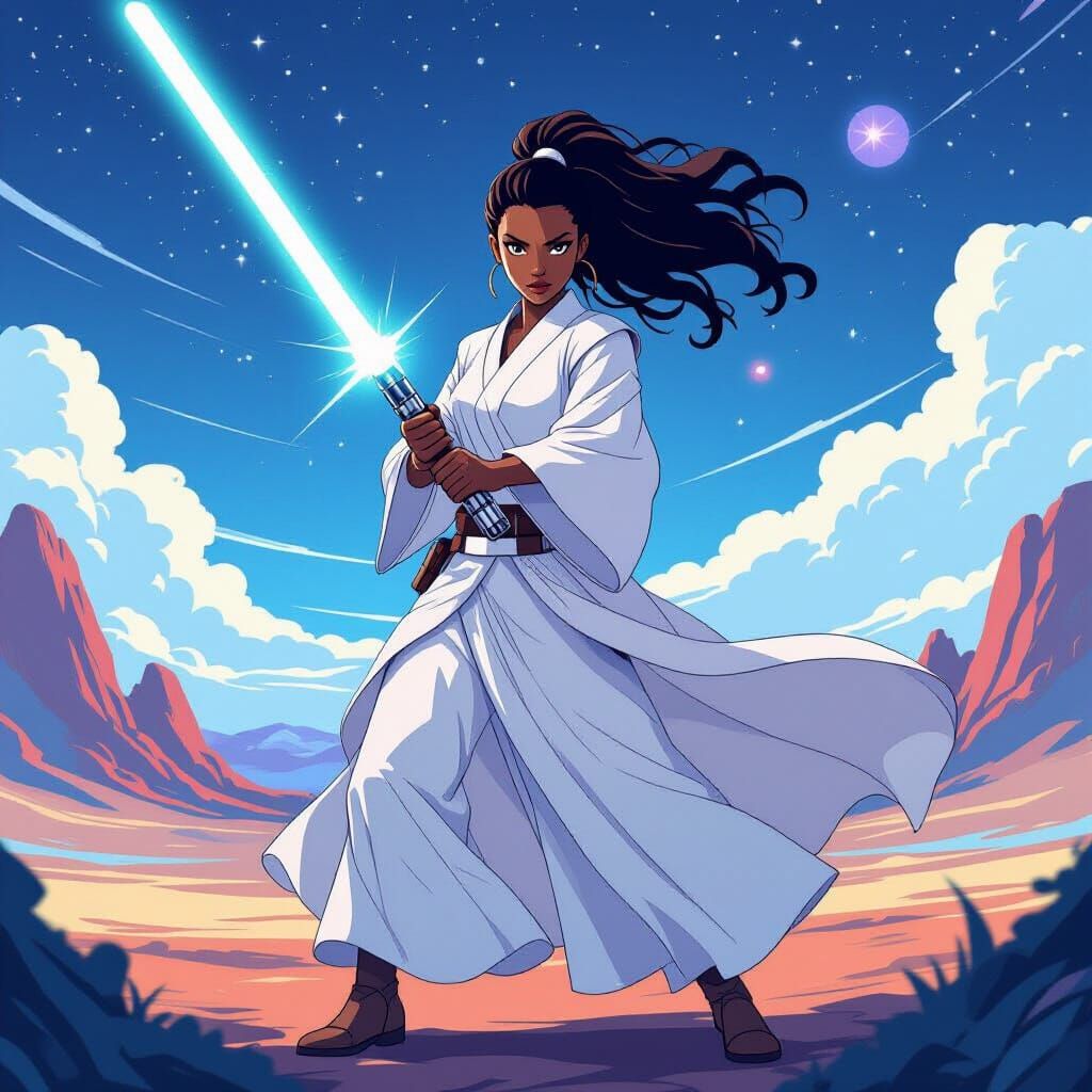 Heroic Jedi in Galactic Landscape, Anime Style