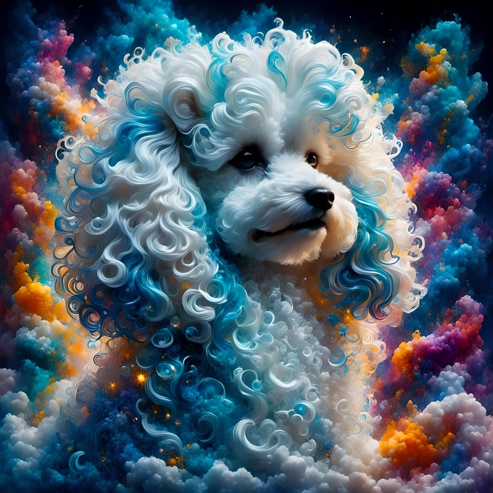Dreamy Poodle Cloudscape with Colored Smoke