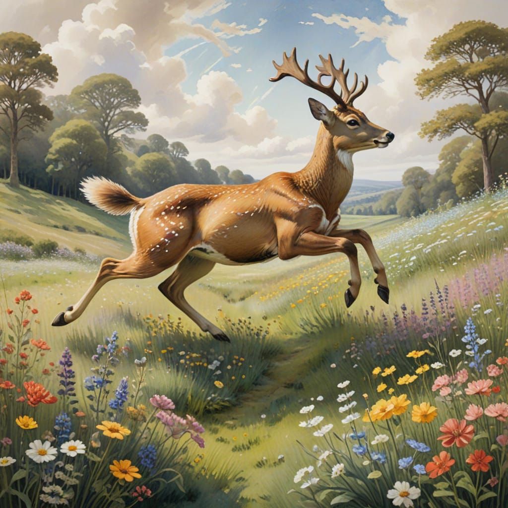 Whimsical Watercolor Deer in Mid-Air Stotting