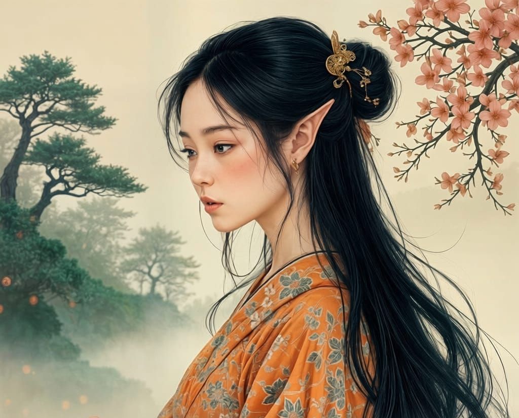 A wood elf in a traditional painting