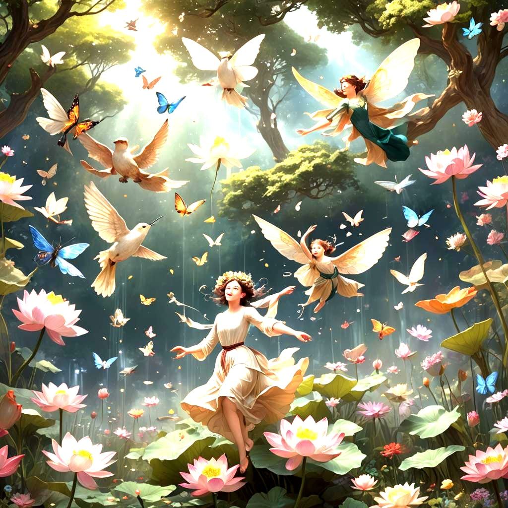 Lush Floral Fantasy with Birds and Butterflies