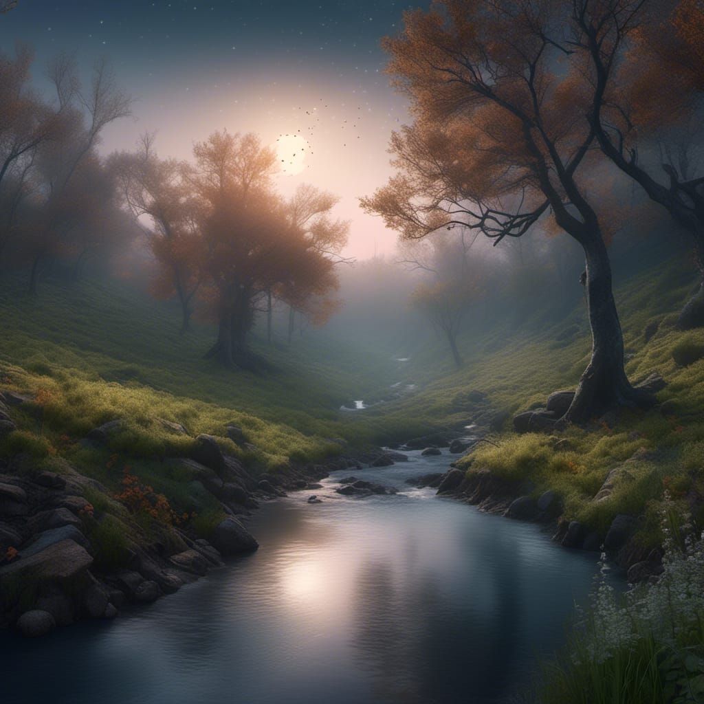 Babbling Brook in Moonlight: Color Pencil Sketch