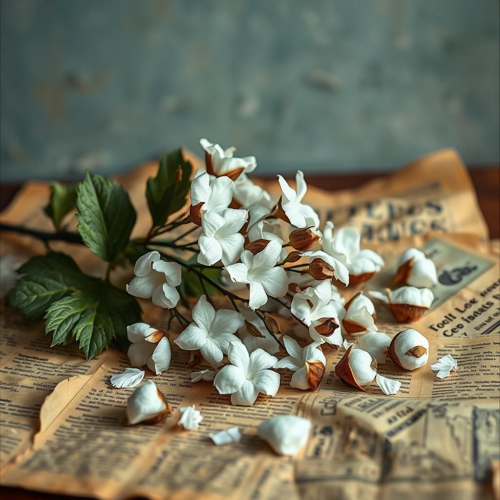 Cotton Plant on Vintage Newspaper as Impasto Painting