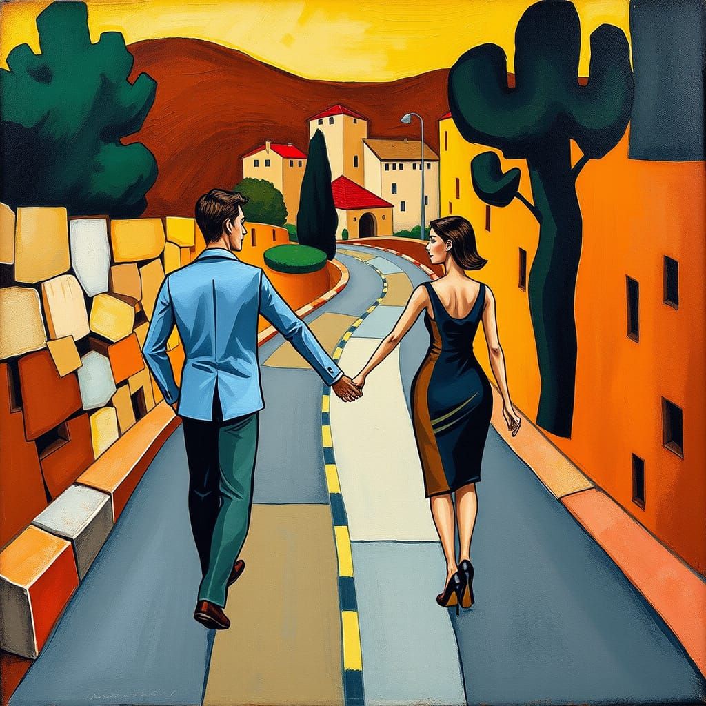 Cubist Couple Strolling Down a Winding Road