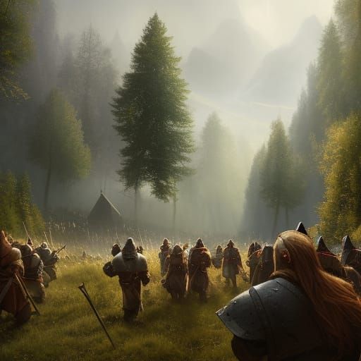 Armed medieval dwarves march through German Odenwald landscape