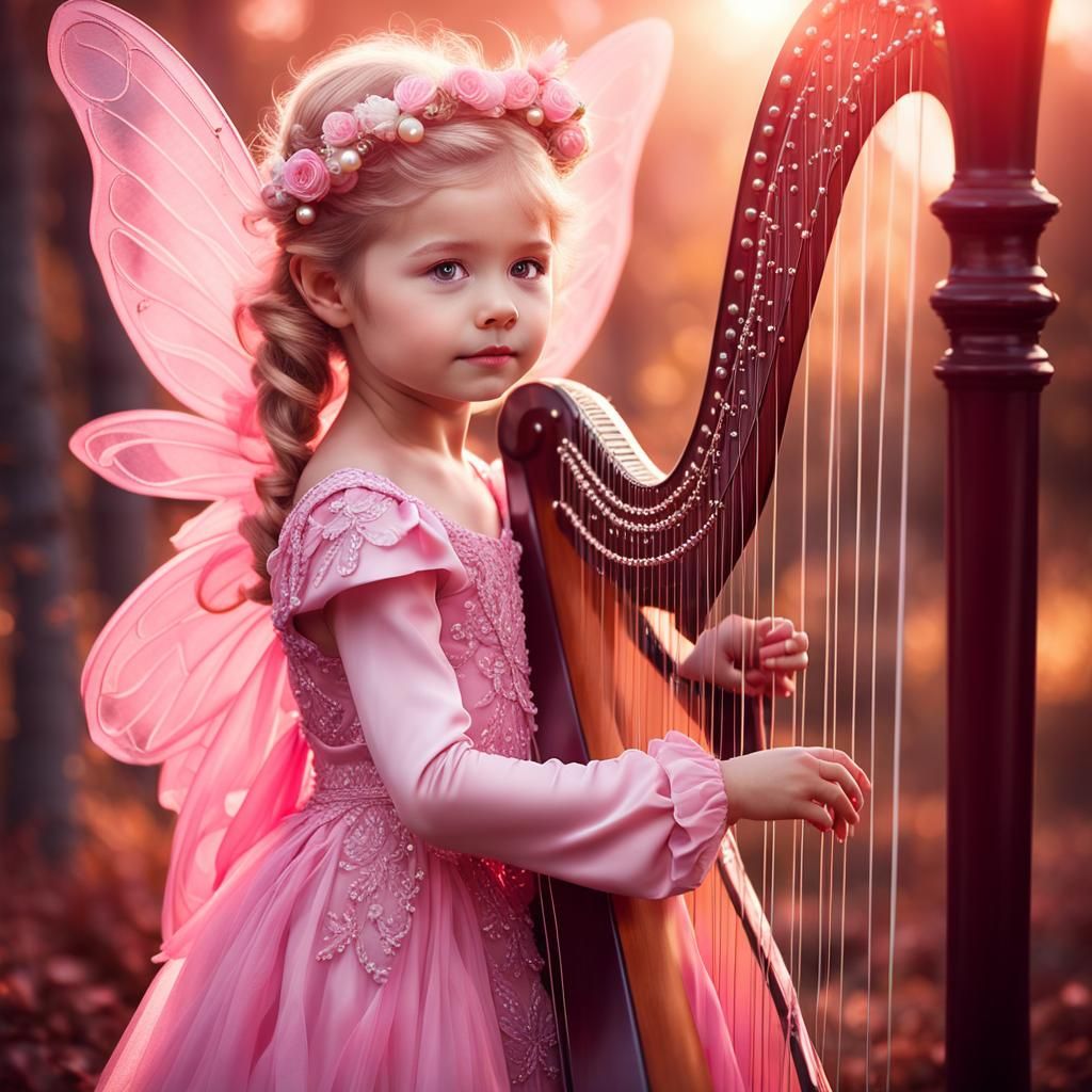 Fairy Girl Plays Harp in Pink Shades