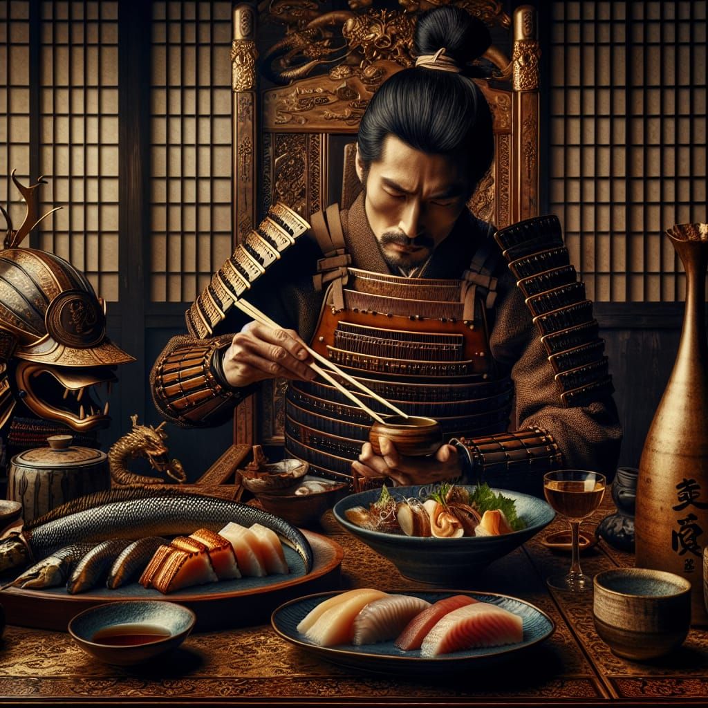 Samurai Savoring a Lavish Meal in Opulent Setting