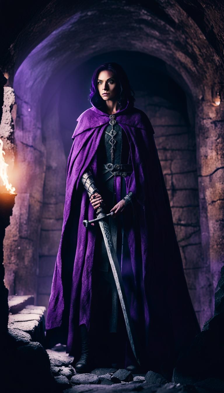 Female Warrior in Purple Cloak: Dark Fantasy Art