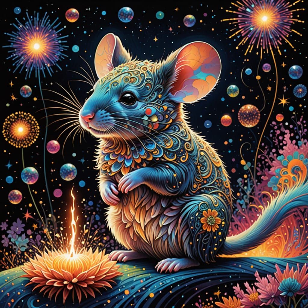 Surreal Mouse Amidst Cosmic Firework Explosion in Whimsical....