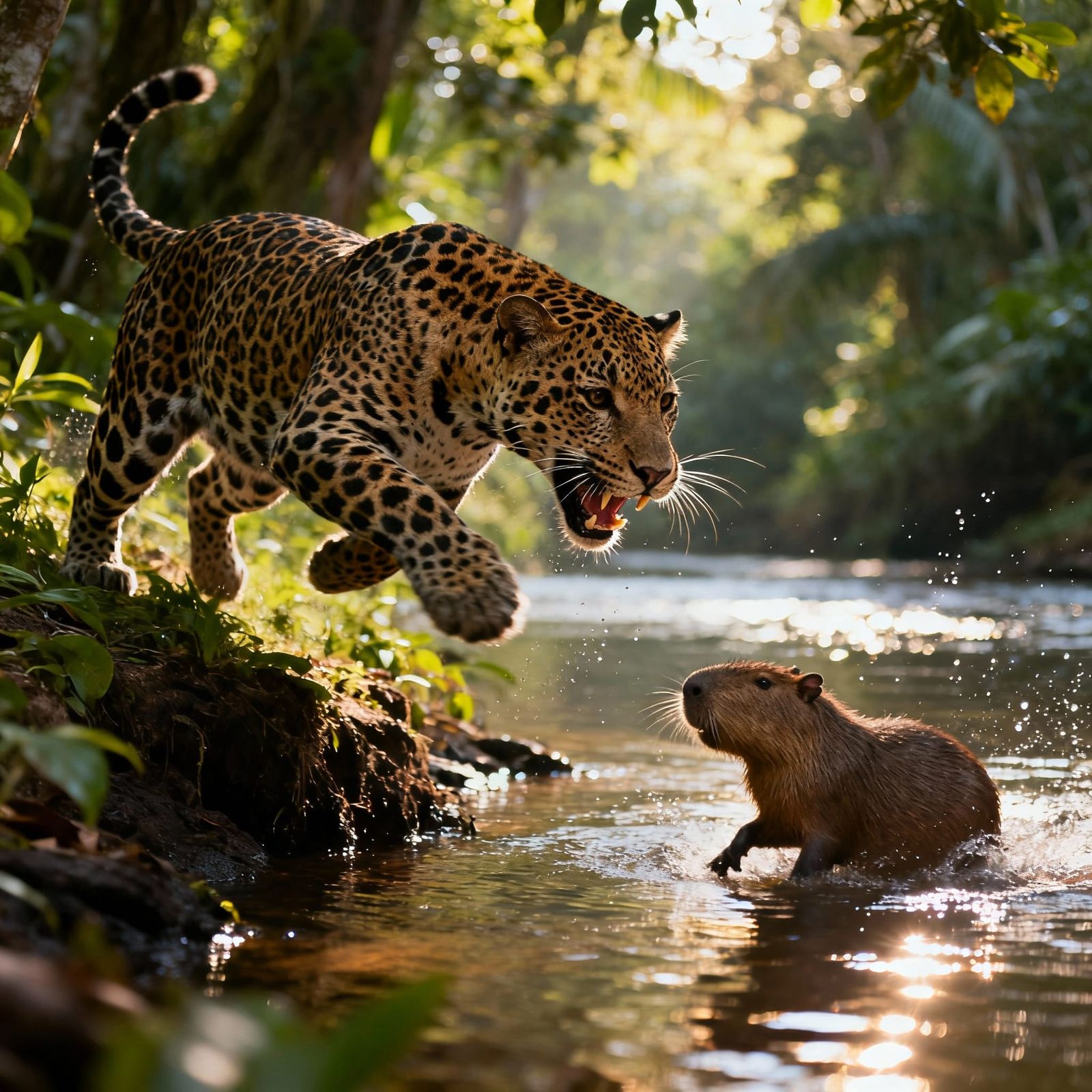 Jaguar Pounces on Capybara in Lush Rainforest River
