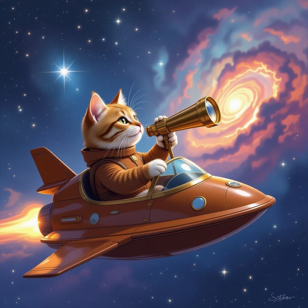 Cosmic Cat Navigator in Spaceship Onesie