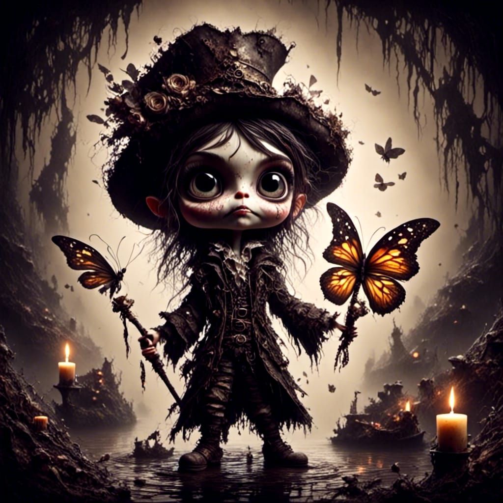 Ghostly Pirate in Shipwreck Holding Butterfly