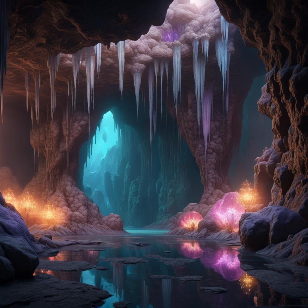 Iridescent Crystals Line Deep Cave System