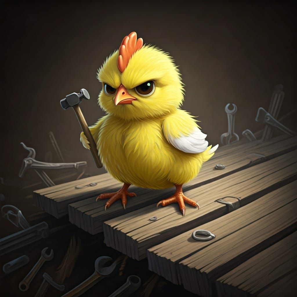 Grumpy Chick on Collapsed Bridge: Pastel Chalk Art