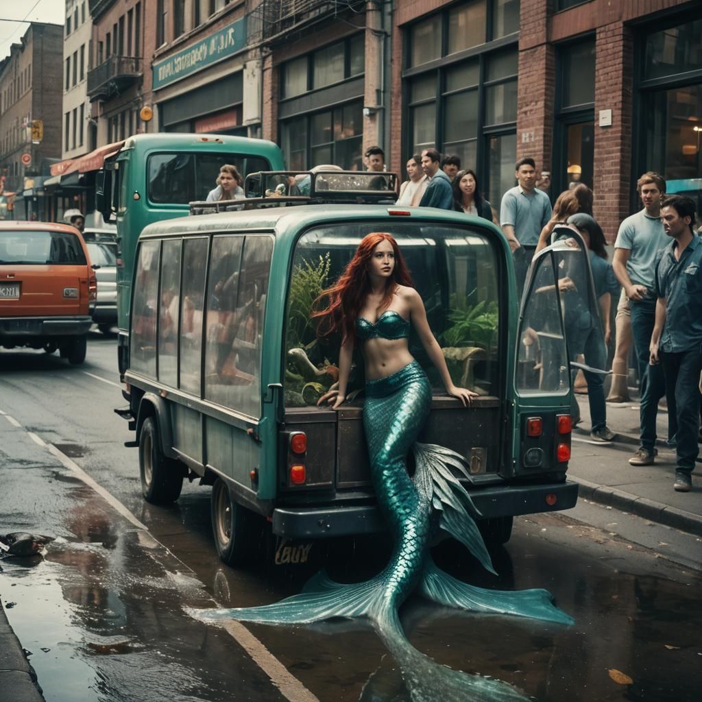 Mermaid Aquarium Transported on City Street