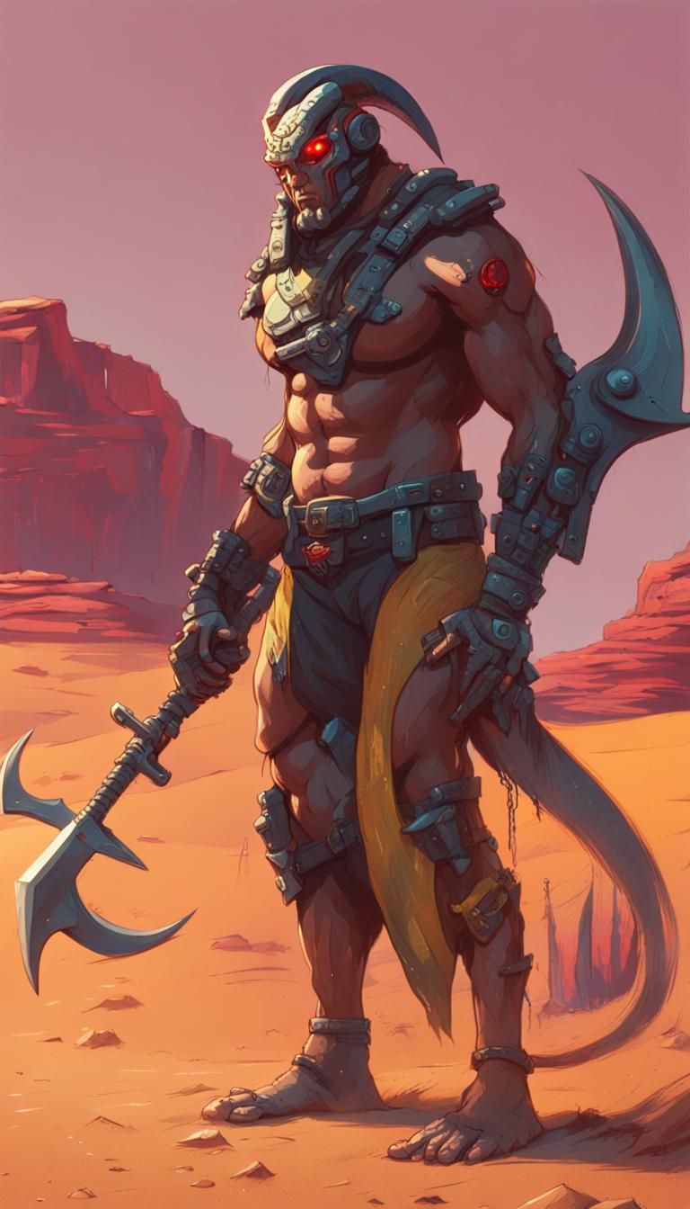 Cyberpunk Warrior with Golden Axe on Desert Dune