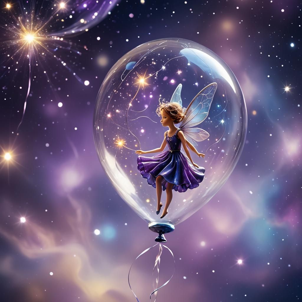 Fairy in Glass Balloon Among Stars: Surrealist Dreamscape