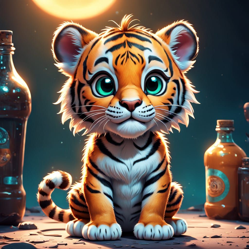 Cute Baby Bengal Tiger Holding Bottle in Cartoon Pixar Style