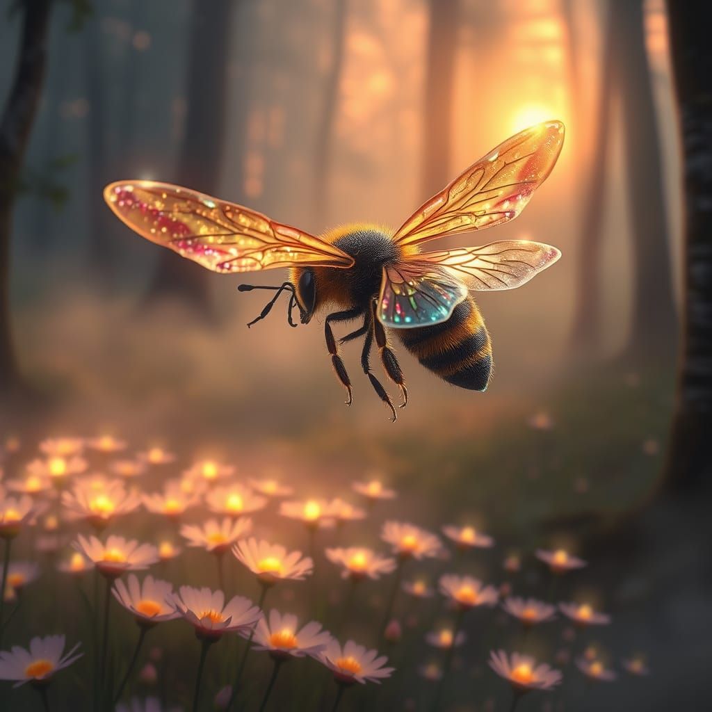 Majestic Bioluminescent Bee in Enchanted Forest Scene