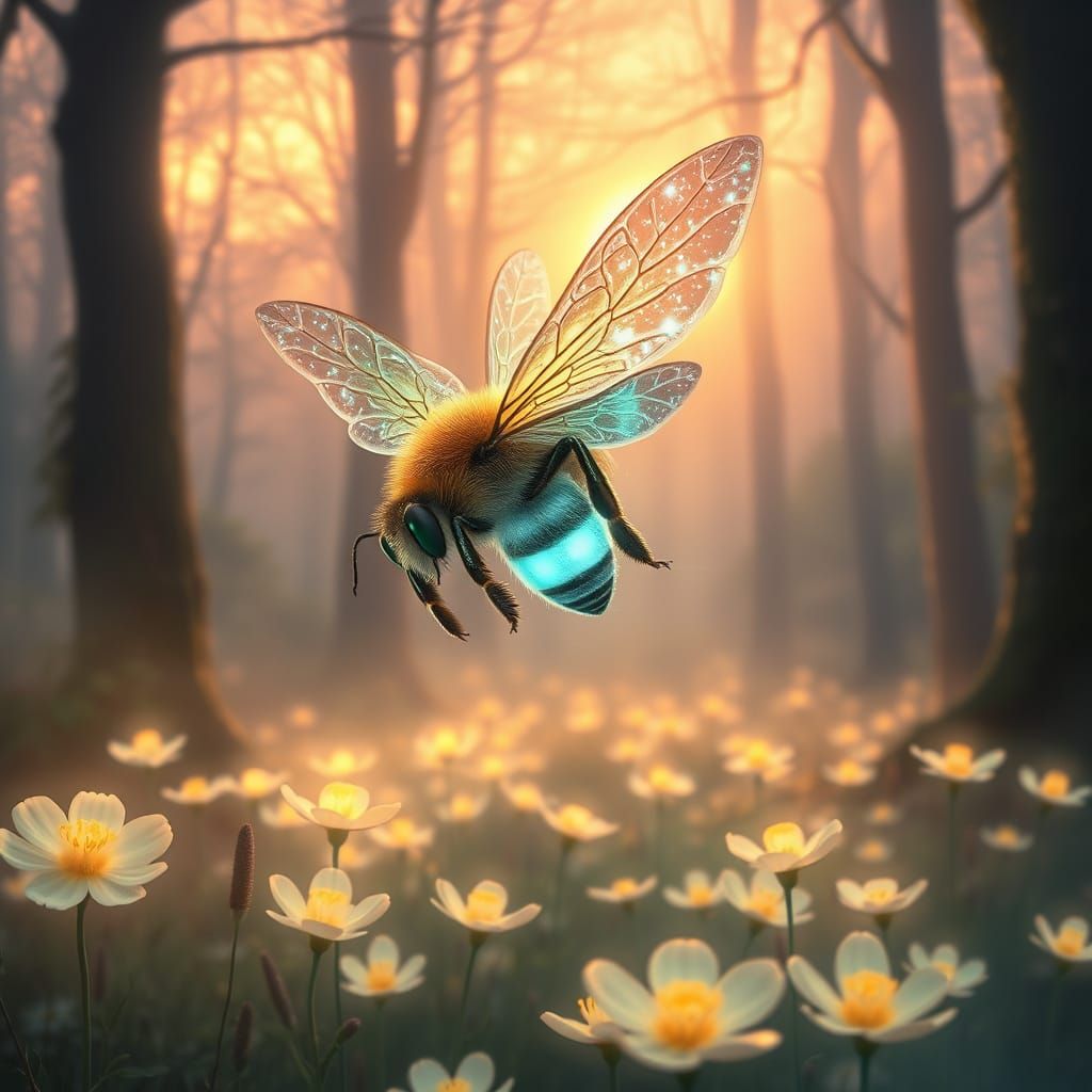 Ethereal Bioluminescent Bee Amidst Enchanted Forest