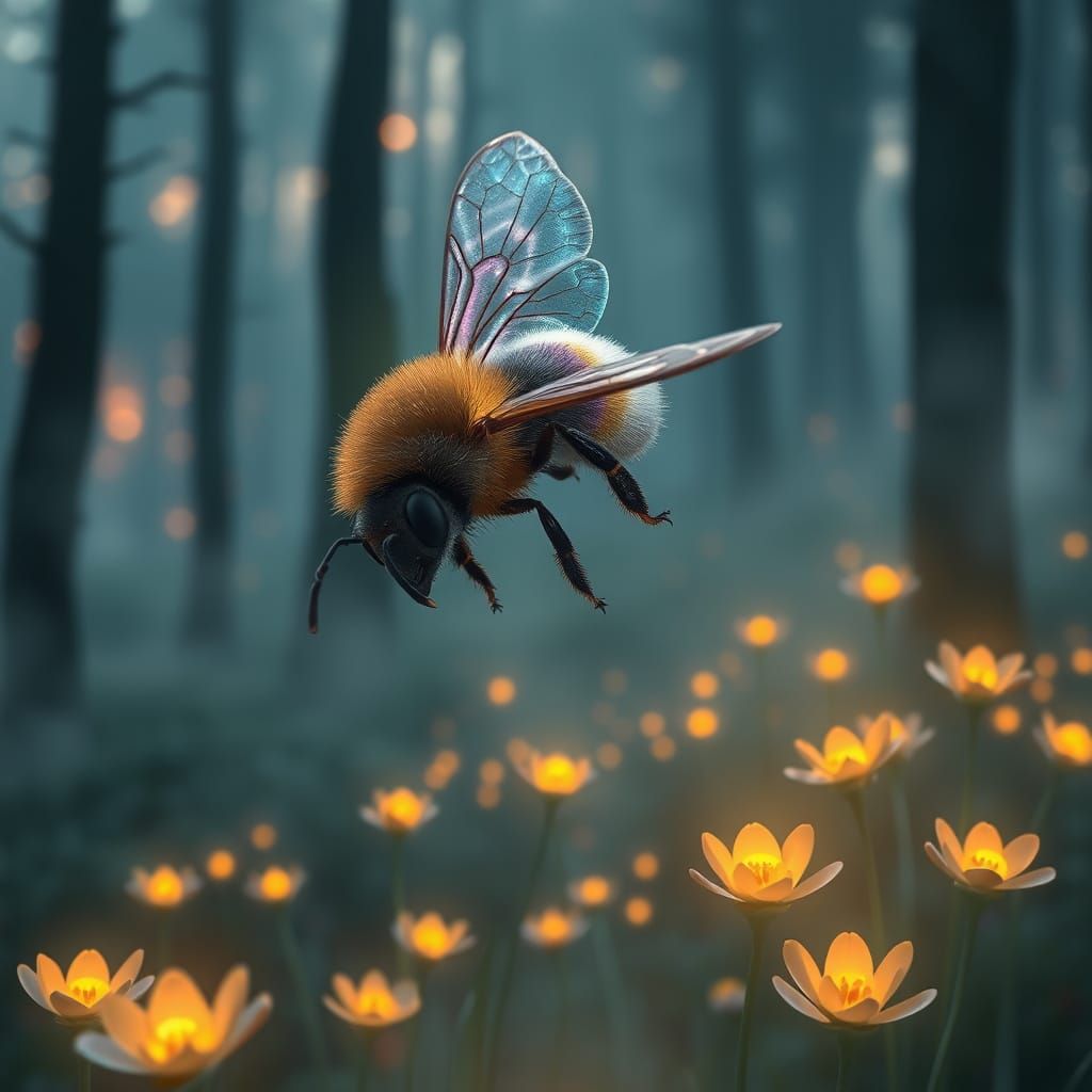 Majestic Bioluminescent Bee in Enchanted Forest, Iridescent ...