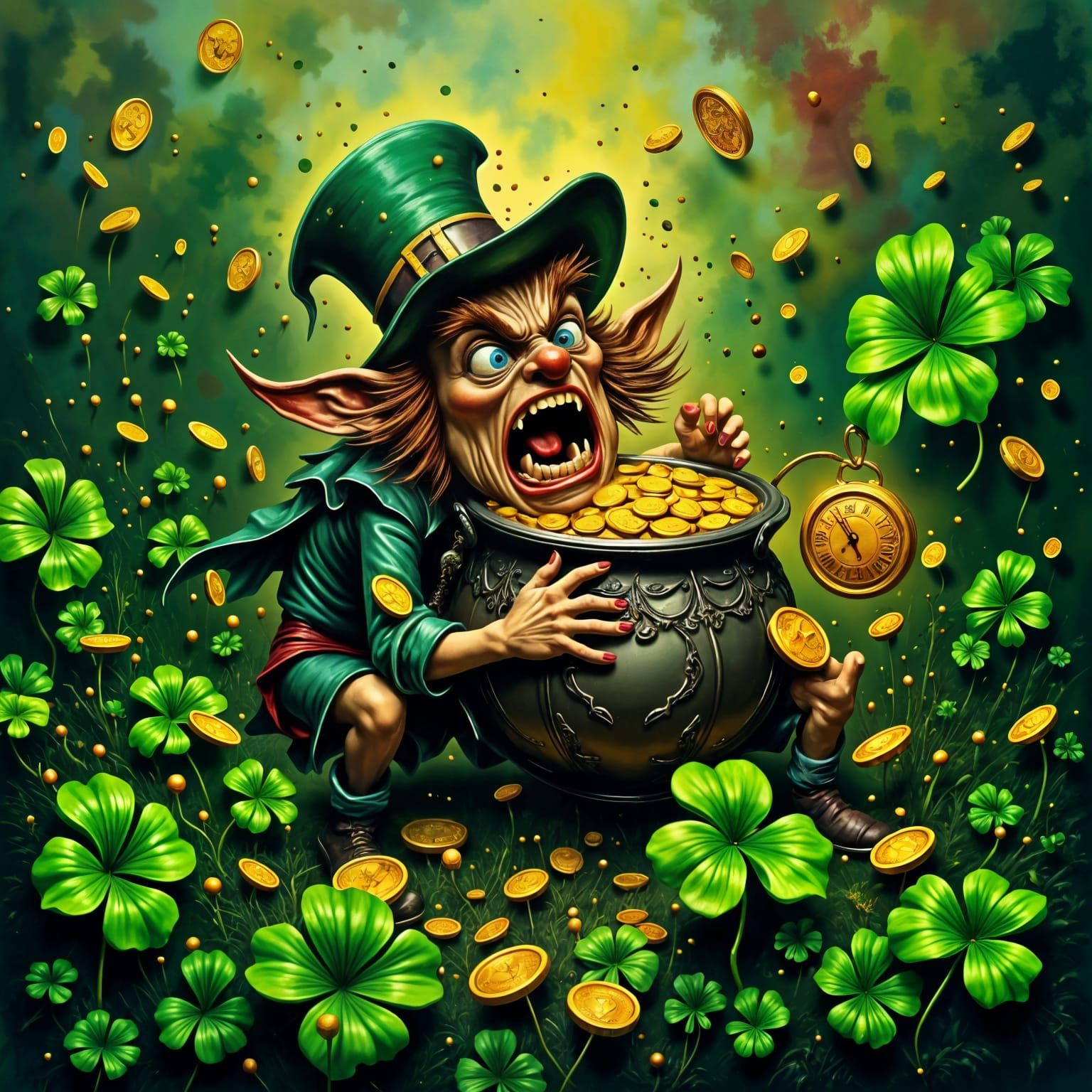 Furious Leprechaun Defends Golden Treasure in Dreamlike Land...