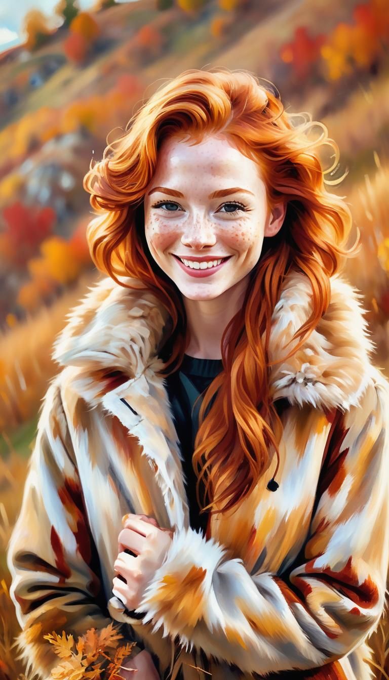 Redhead Woman Smiles in Autumn Oil Painting