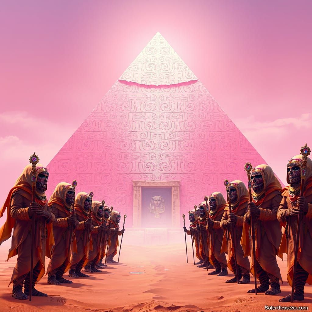 Blush-Pink Pyramid Guardians in Ancient Desert Landscapes