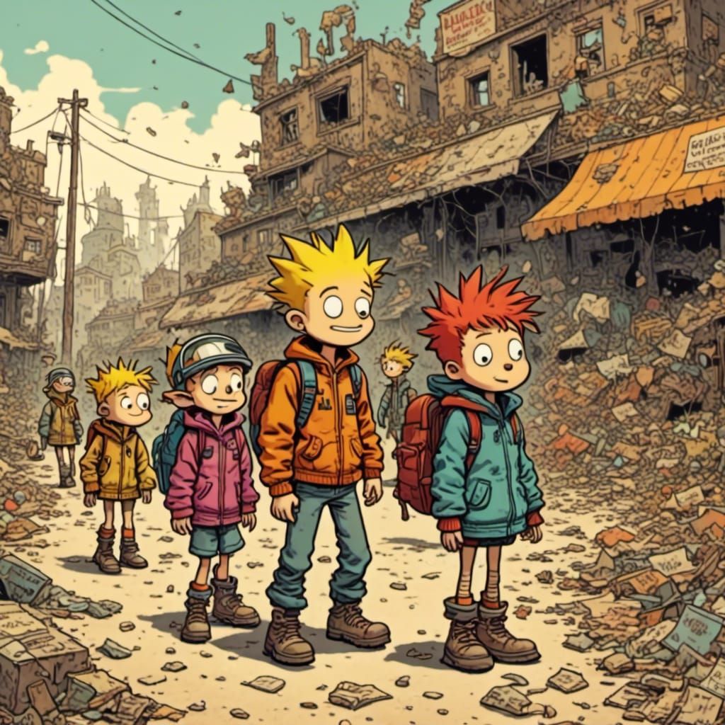 Post-Apocalyptic Cartoon Scene in Grunge Comic Style