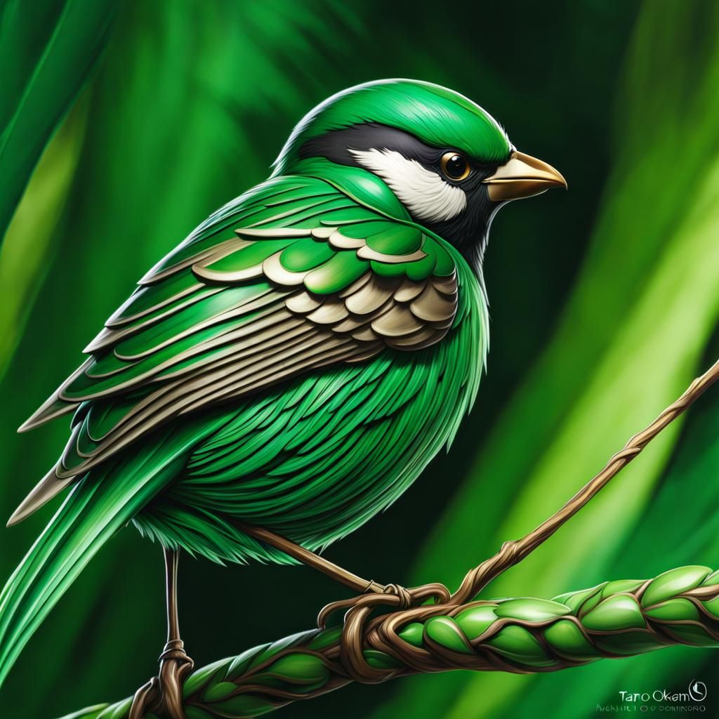 Malachite Green Chibi Sparrow in Vibrant Digital Art
