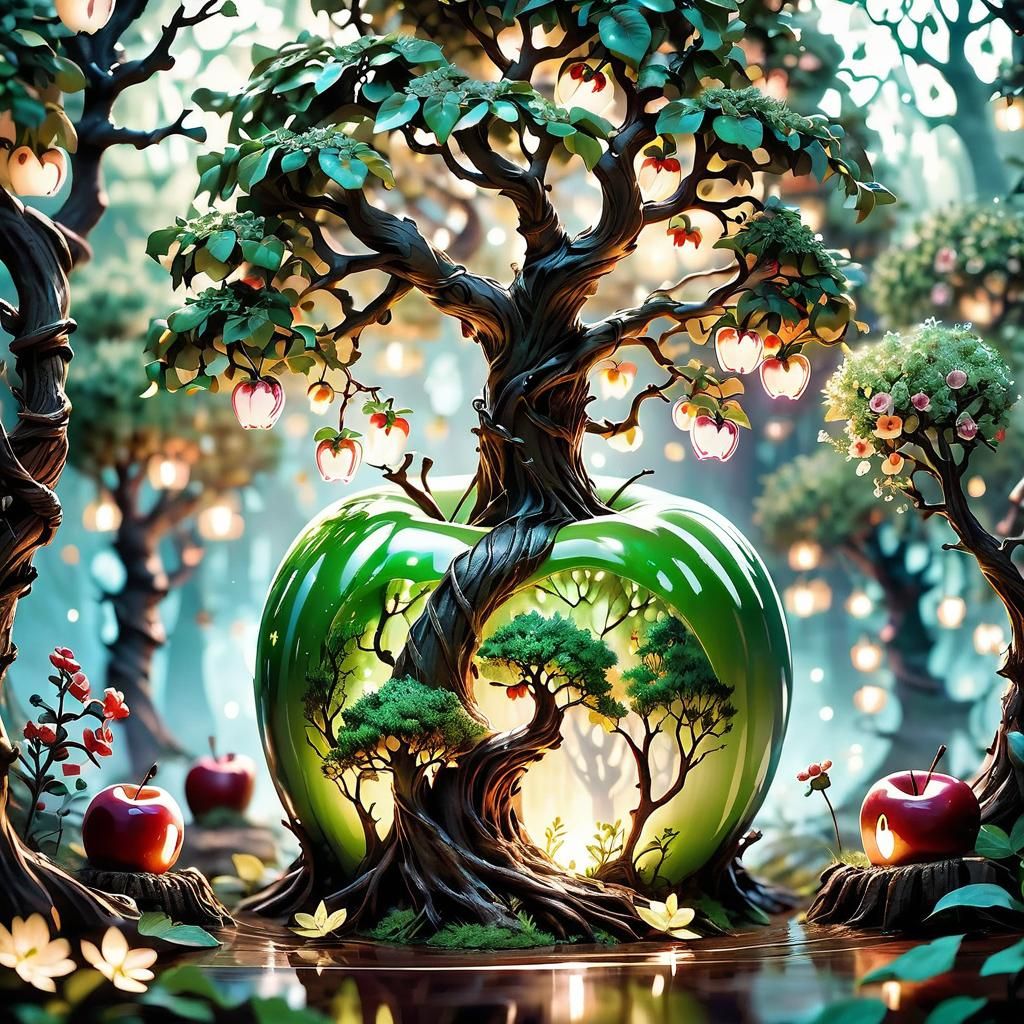 Enchanted Forest Apple with Magical Flora and Fauna