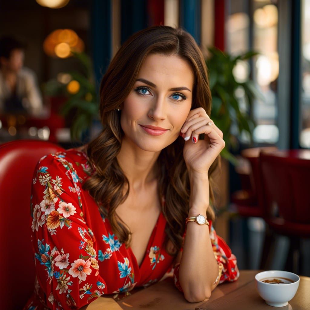 Smiling Brunette in Red Dress at Cafe