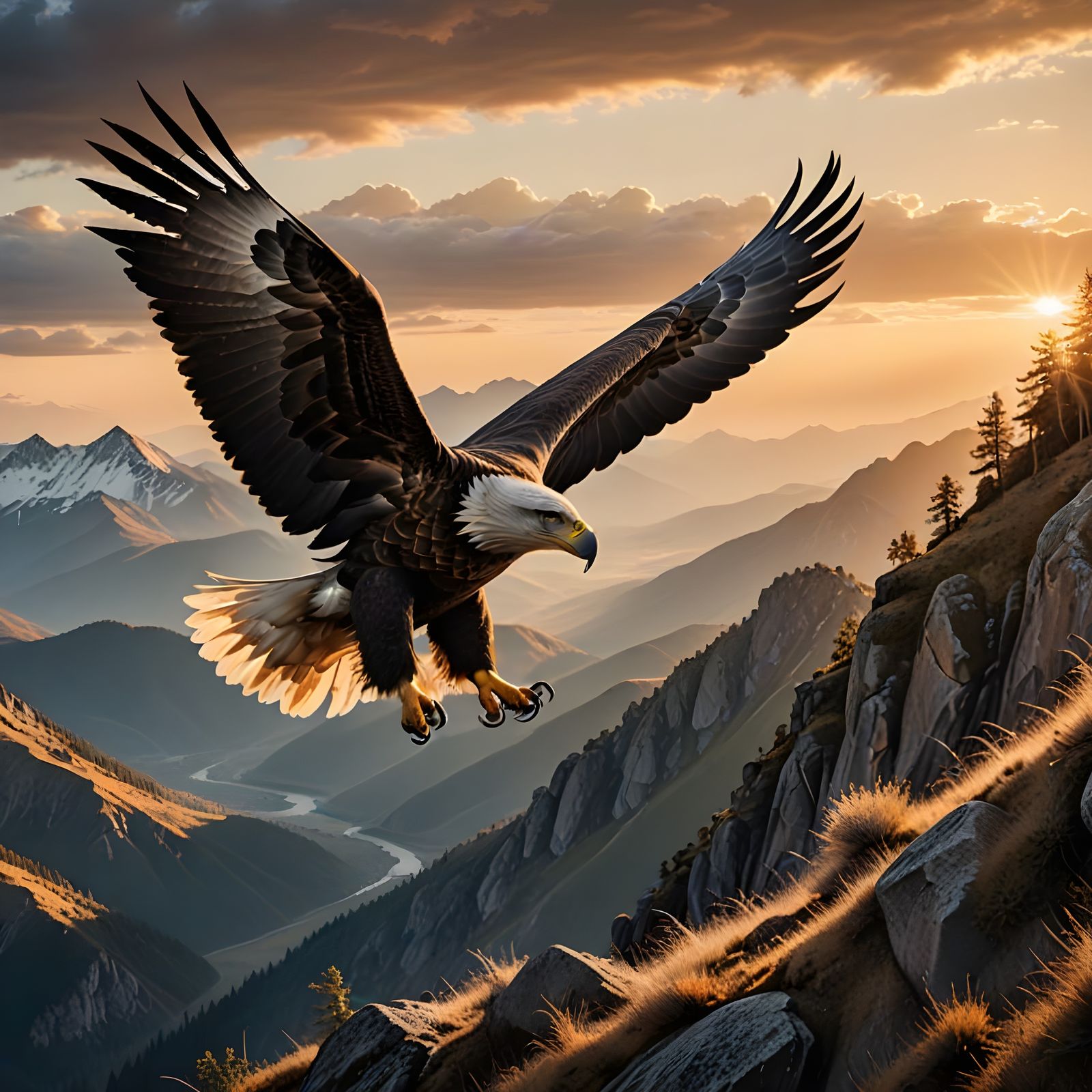 Majestic Eagle Soars in Golden Hour